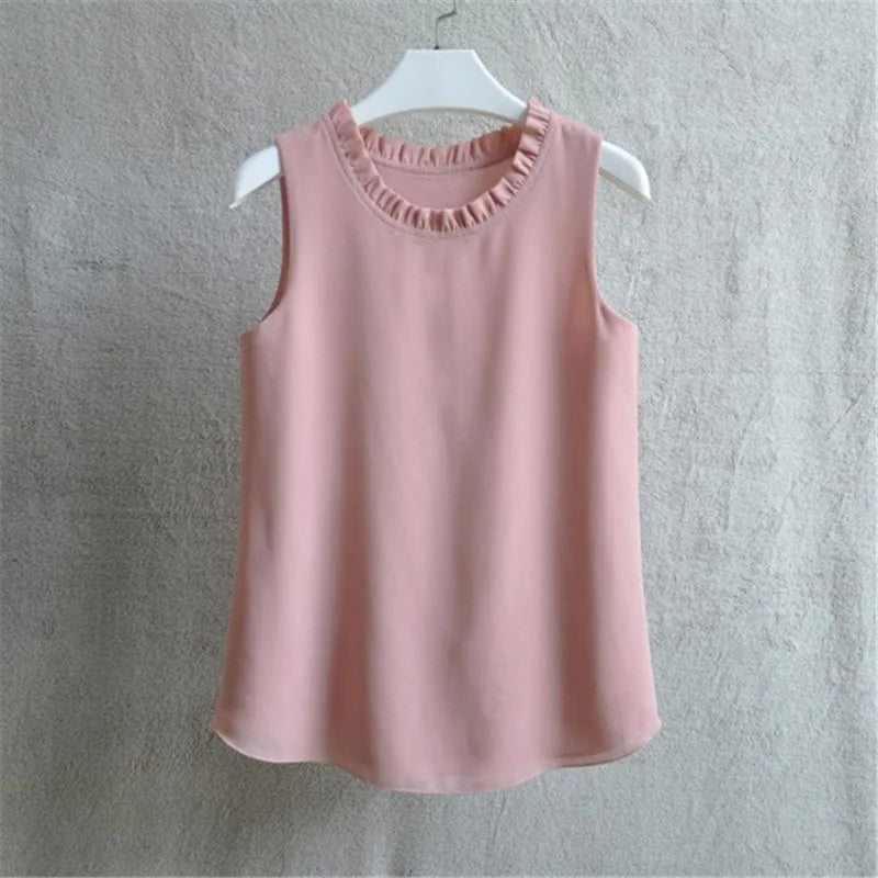 Woherb 21 Colors Solid Ruffle Chiffon Blouse Women 2026 Summer Fashion Vest Blusas Casual Loose Sleeveless Ladies Tops Shirt