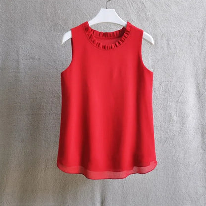 Woherb 21 Colors Solid Ruffle Chiffon Blouse Women 2026 Summer Fashion Vest Blusas Casual Loose Sleeveless Ladies Tops Shirt