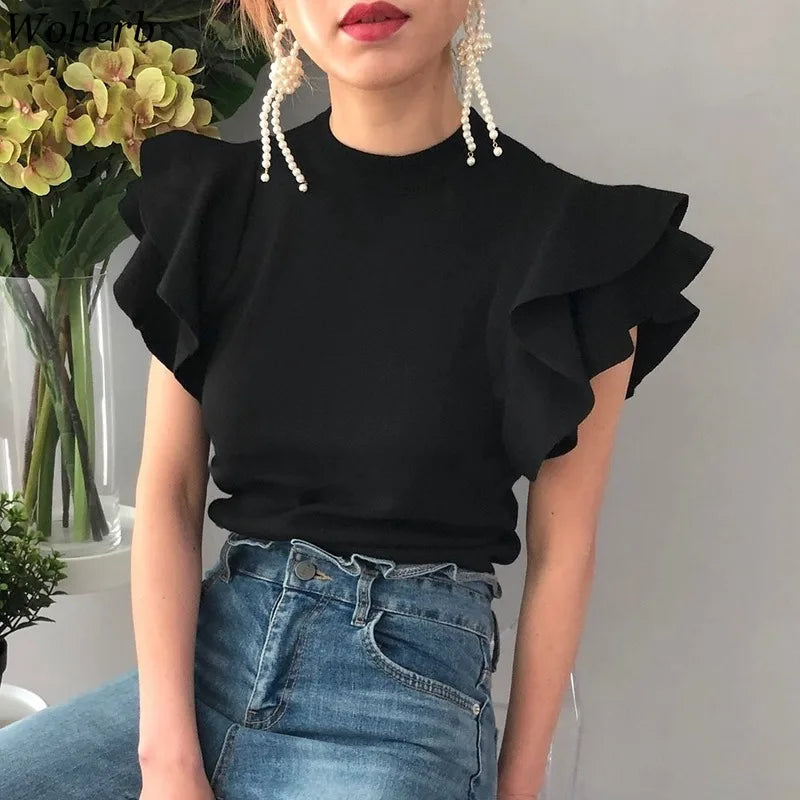 Woherb 21 Colors Solid Ruffle Chiffon Blouse Women 2026 Summer Fashion Vest Blusas Casual Loose Sleeveless Ladies Tops Shirt