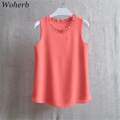 Woherb 21 Colors Solid Ruffle Chiffon Blouse Women 2026 Summer Fashion Vest Blusas Casual Loose Sleeveless Ladies Tops Shirt