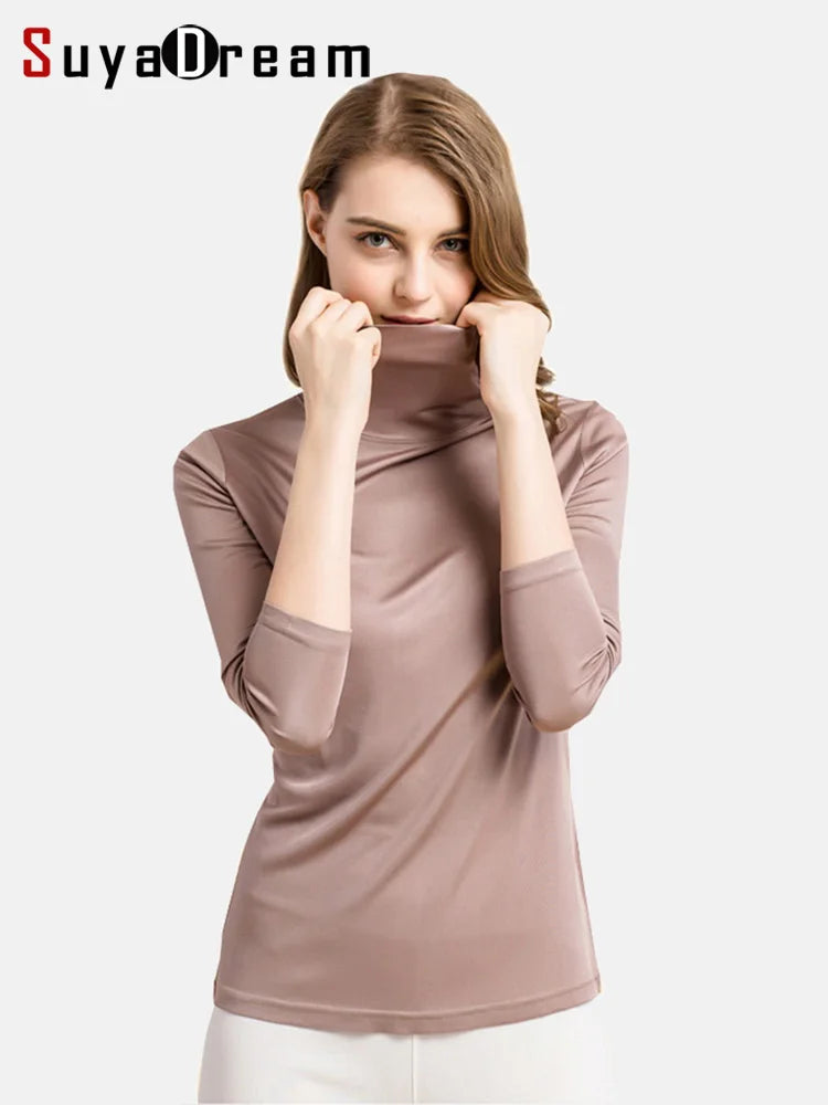 SuyaDream Women Turtleneck, Long Sleeved Solid Pullovers, Knitted Natural Silk, Chic Bottoming T Shirt, 2025 Spring Autumn TOP