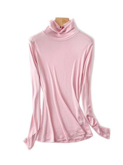 SuyaDream Women Turtleneck, Long Sleeved Solid Pullovers, Knitted Natural Silk, Chic Bottoming T Shirt, 2025 Spring Autumn TOP