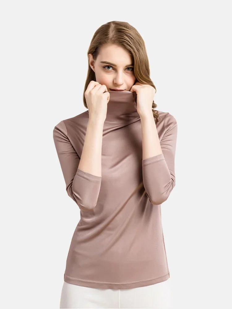 SuyaDream Women Turtleneck, Long Sleeved Solid Pullovers, Knitted Natural Silk, Chic Bottoming T Shirt, 2025 Spring Autumn TOP