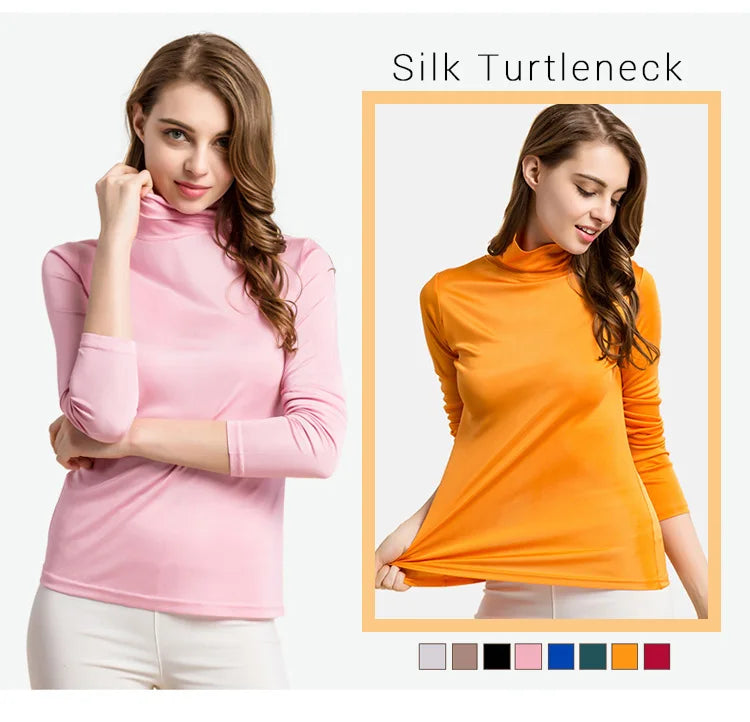 SuyaDream Women Turtleneck, Long Sleeved Solid Pullovers, Knitted Natural Silk, Chic Bottoming T Shirt, 2025 Spring Autumn TOP