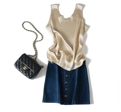 SuyaDream. Women Basic Cozy Tanks, 100%Real Silk, O neck Sleeveless Chic T Shirt, 2025 Solid Summer Vests, White, Pink, Beige