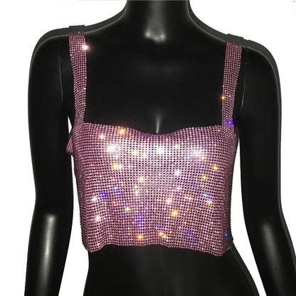 2025 Glitter Nightclub Backless Rhinestone Tank Top Women Sexy Metal Crystal Diamonds Sequined Night Club Party Wear Crop Top