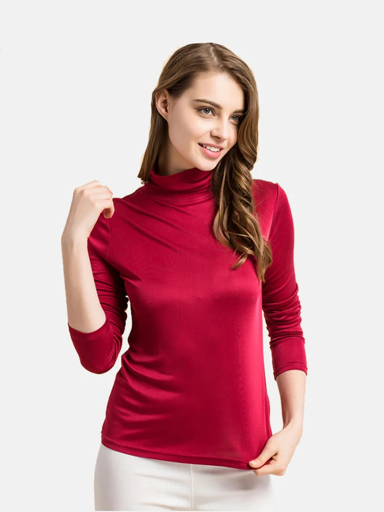 SuyaDream Women Turtleneck, Long Sleeved Solid Pullovers, Knitted Natural Silk, Chic Bottoming T Shirt, 2025 Spring Autumn TOP