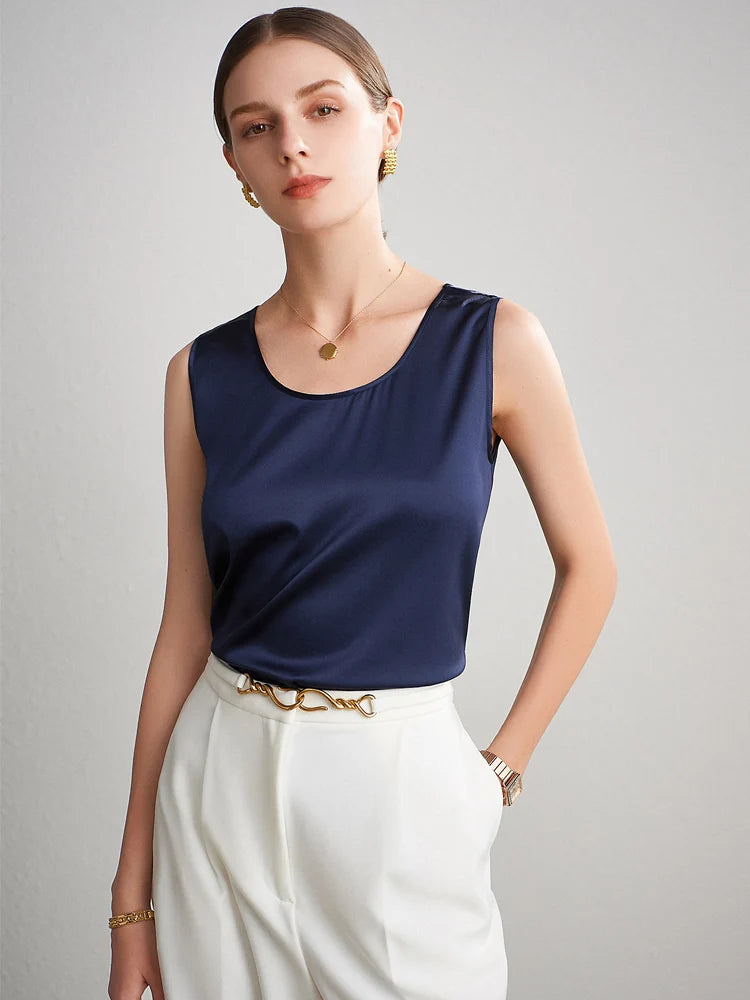 SuyaDream. Women Basic Cozy Tanks, 100%Real Silk, O neck Sleeveless Chic T Shirt, 2025 Solid Summer Vests, White, Pink, Beige