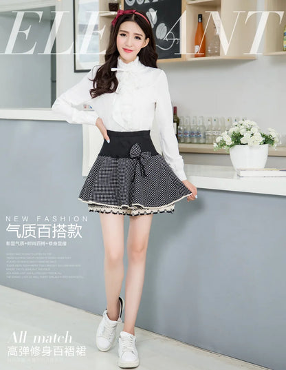 Zuolunouba Summer Slim Preppy Skirt Women Flower Bow Mini Tutu Style Elasticity Lace Skirts Shorts Lady High Waist Student