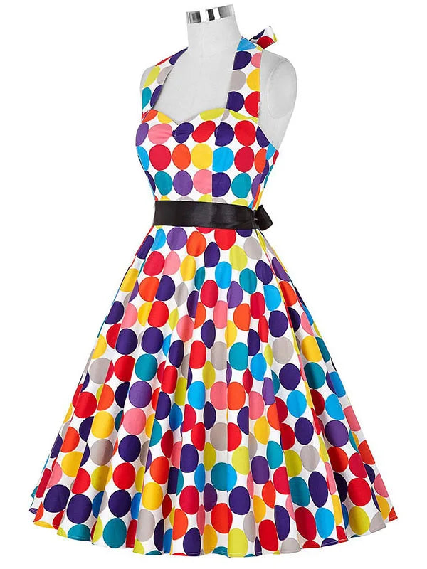 Polka Dot Dress Women Vintage Swing Halter Belt 50s 60s Rockabilly Prom Party Dresses Retro Feminino Vestidos