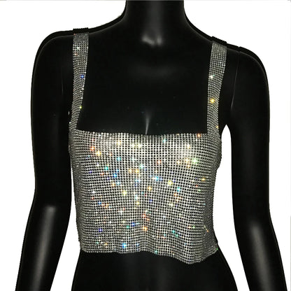 2025 Glitter Nightclub Backless Rhinestone Tank Top Women Sexy Metal Crystal Diamonds Sequined Night Club Party Wear Crop Top