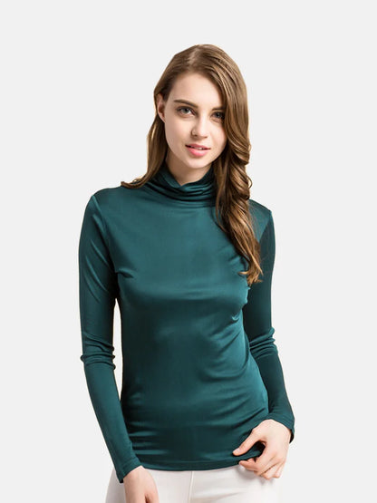 SuyaDream Women Turtleneck, Long Sleeved Solid Pullovers, Knitted Natural Silk, Chic Bottoming T Shirt, 2025 Spring Autumn TOP