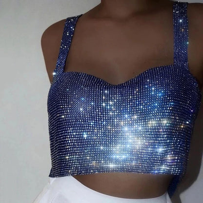 2025 Glitter Nightclub Backless Rhinestone Tank Top Women Sexy Metal Crystal Diamonds Sequined Night Club Party Wear Crop Top
