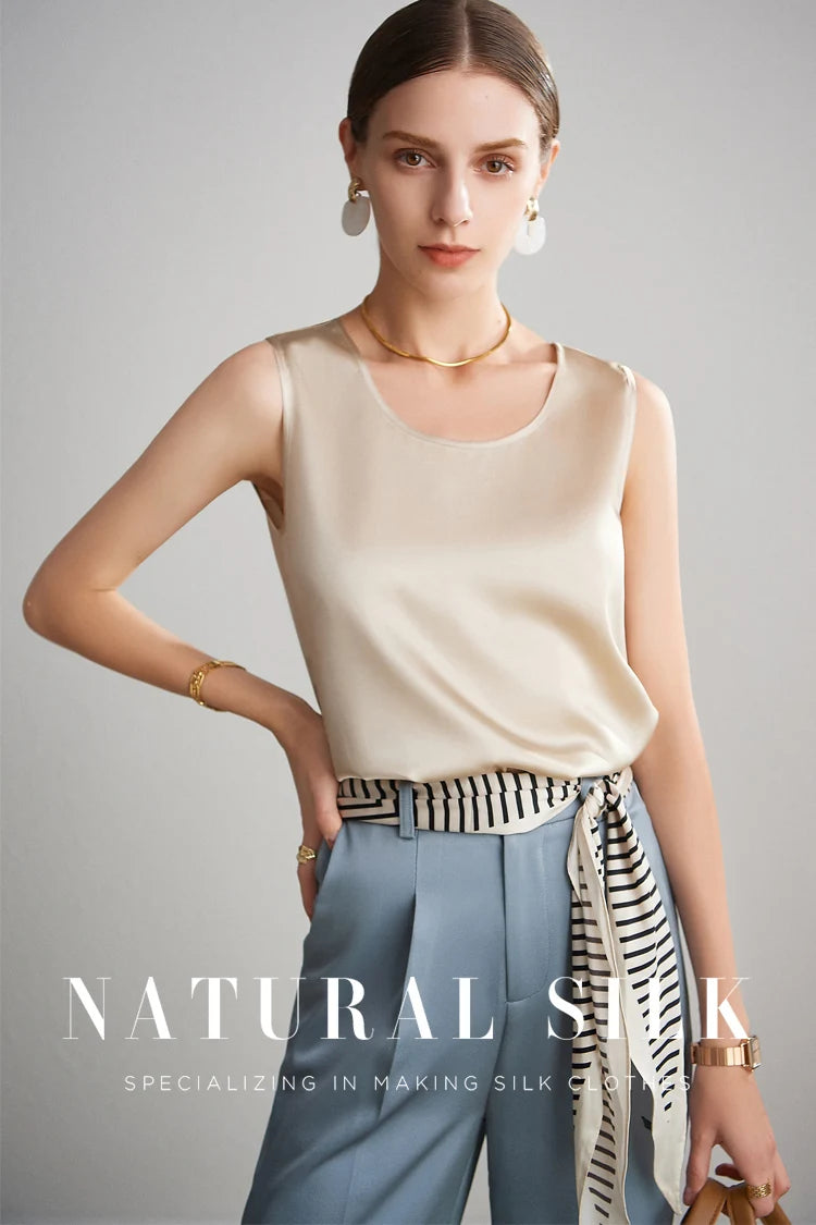SuyaDream. Women Basic Cozy Tanks, 100%Real Silk, O neck Sleeveless Chic T Shirt, 2025 Solid Summer Vests, White, Pink, Beige