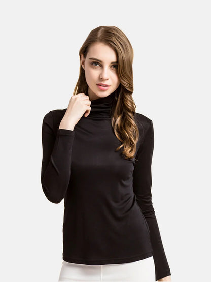 SuyaDream Women Turtleneck, Long Sleeved Solid Pullovers, Knitted Natural Silk, Chic Bottoming T Shirt, 2025 Spring Autumn TOP