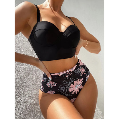 High Waist Swimwear 2025 New Leaf Print Bikinis Women Swimsuit Vintage Retro Bathing Suit Halter Biquini Maillot de bain femme