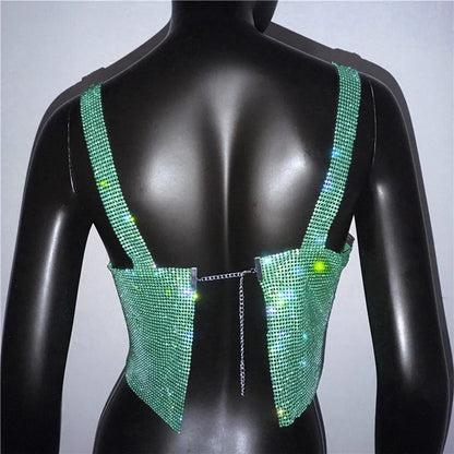 2025 Glitter Nightclub Backless Rhinestone Tank Top Women Sexy Metal Crystal Diamonds Sequined Night Club Party Wear Crop Top