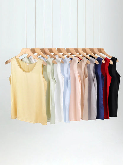 SuyaDream. Women Basic Cozy Tanks, 100%Real Silk, O neck Sleeveless Chic T Shirt, 2025 Solid Summer Vests, White, Pink, Beige